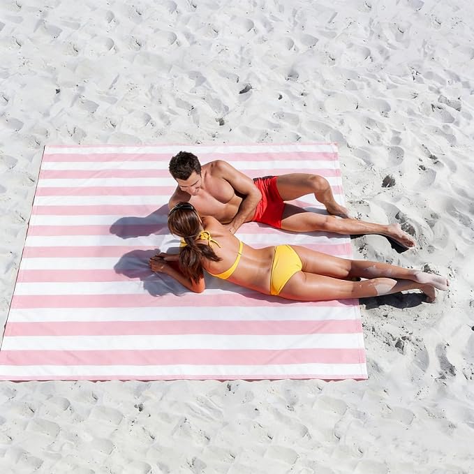 Beach Blanket Waterproof Sandproof, Large 9x10 FT Picnic Blankets for 2-8 Adults with Stakes, Sand Free Compact Pocket Beach Mat, Beach Essentials Necessities Accessories Must Haves-Pink Stripe - Image 4