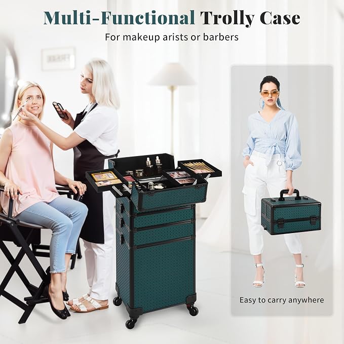 AROUS Rolling Makeup Train Case 4 in 1 Cosmetology Case on Wheels Large Storage Cosmetic Trolley with Key Salon Barber Traveling Cart Trunk, Green - Image 6