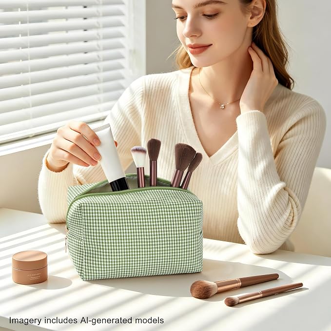 Makeup Bag Set for Women, 4PCS Travel Cosmetic Bags Pencil Case, Checkered Seersucker Toiletry Organizer Pouches, Cute Makeup Pouch for Purse, Accessories and Gifts, Green Gingham - Image 5