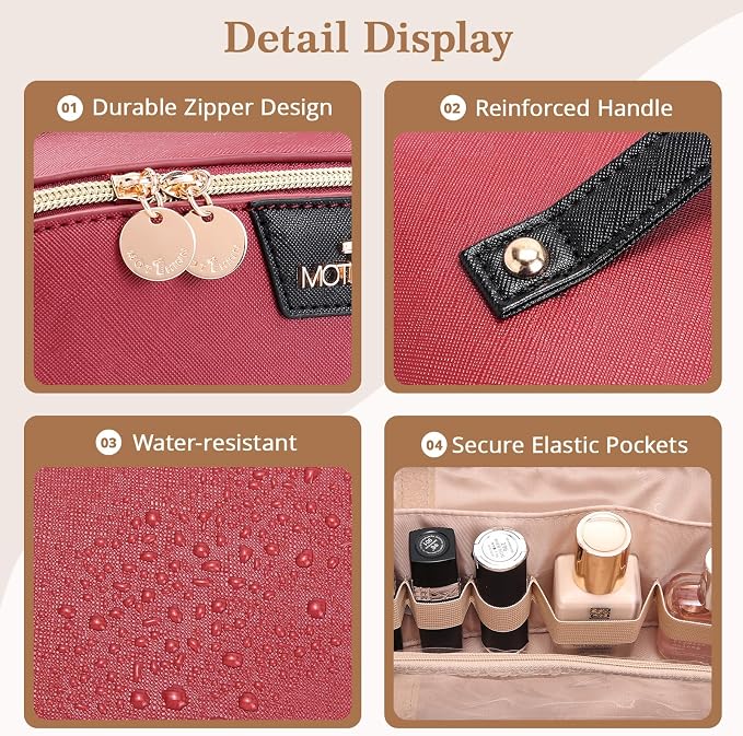 Travel Makeup Bag for Women: 3-in-1 Large Capacity Cosmetics Organizer with 2 Detachable Pouch - Vegan Leather Flat Open Toiletry Bag - Portable Travel Essentials for Full-Sized Bottles(Red) - Image 4