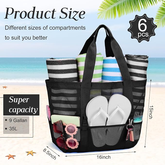 Hillban Large Beach Mesh Bags Bulk for Women Beach Tote Bag with 8 Pocket Zipper Waterproof Sandproof for Pool Cruise Ship - Image 4