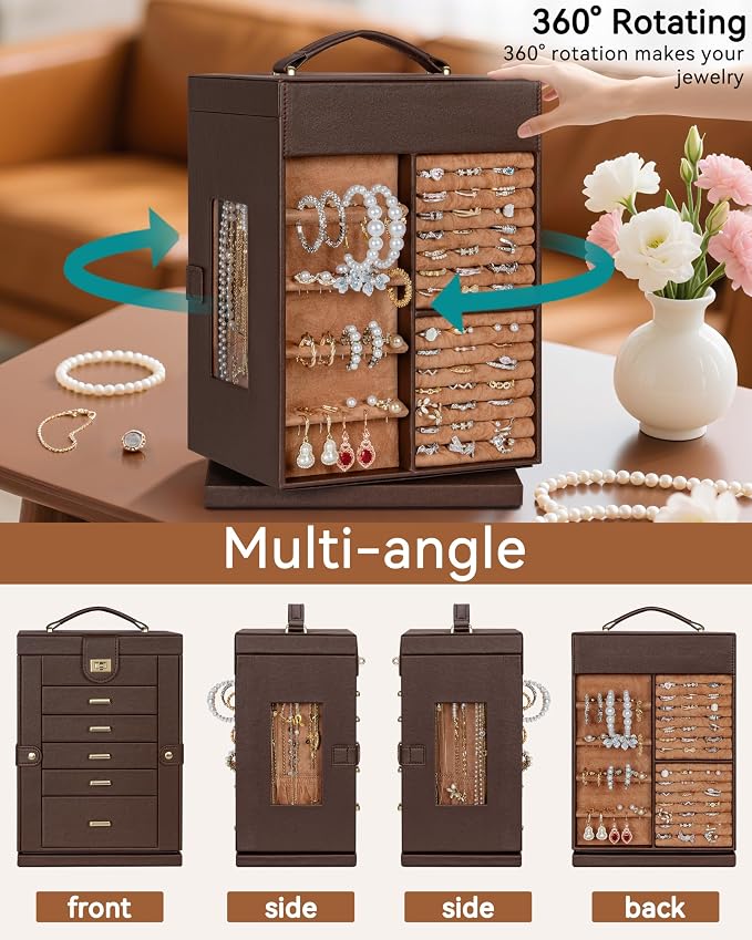 AKOZLIN 6-Tier Jewelry Box Organizer Functional 5 Drawers Leather Jewelry Storage Case for Women Girls Ring Necklace Earring Bracelet Holder Organizer with Mirror Brown 360° Rotating - Image 3