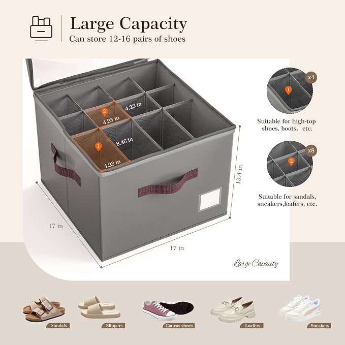 Criusia Shoe Organizer for Closet, 3 Pack Shoe Organizer with Transparent Cover and Sturdy Handles, Closet Shoe Storage for Sneakers Sandals Slippers, Fit 12-16 Pairs, Gray - Image 3