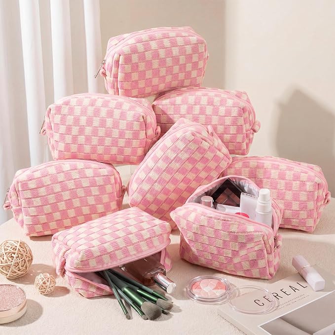 Gilprop 8 Pcs Checkered Makeup Bag for Purse Small Cosmetic Pouch Bulk Portable Zipper Makeup Pouch Travel Toiletry Organizer Gifts for Women Bridesmaid Wedding Party Favors (Pink White) - Image 4