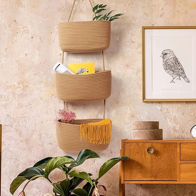 3-Tier Over the Door Hanging Basket, Wall Mount Hanging Storage Organiser Bag, Cotton Rope Woven Storage Solution with Hook, Decorative Hanging Baskets for Bedroom, Living Room, Bathroom, Nursery (B) - Image 6
