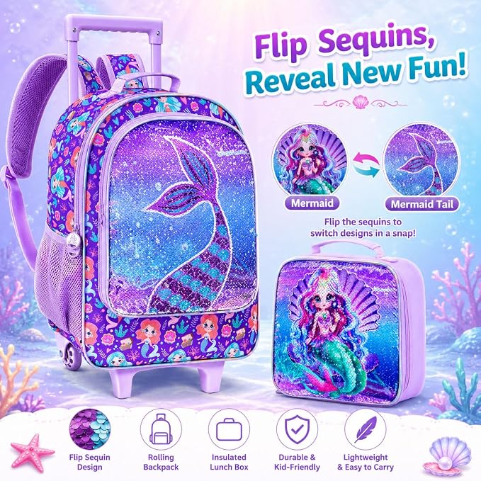 AGSDON 3PCS Rolling Backpack for Girls Boys, Kids Roller Wheels Bookbag, Wheeled School Bag with Lunch Bag - Image 3