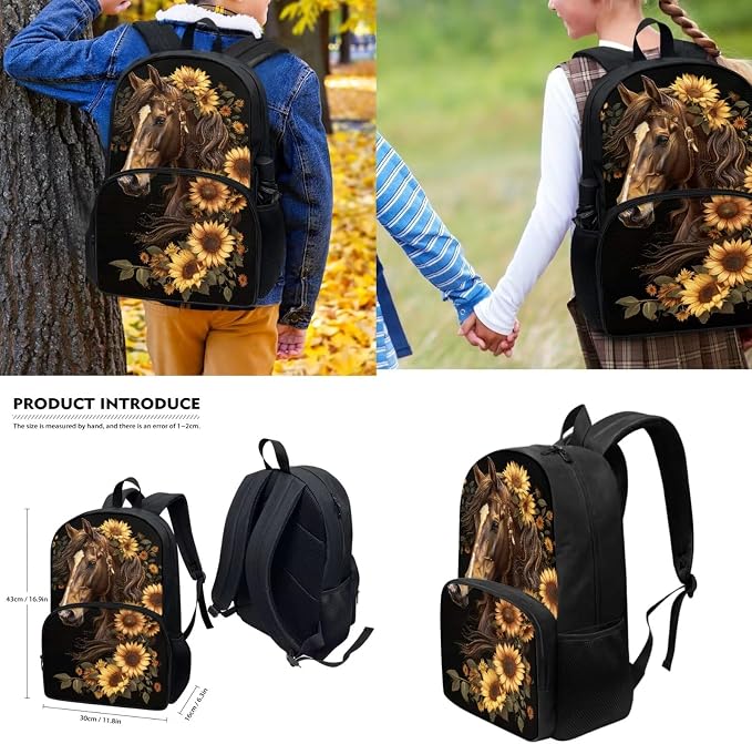 4Pcs Sunflower Horse Schoolbag and Lunch Box Pencil Bag Water Holder Bag for Boy 10, Preschool, Outdoor Travel Ruckpack Laptop Bags - Image 3