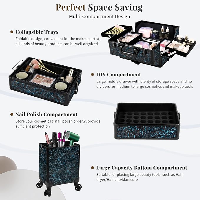Rolling Makeup Train Case with Lid Cosmetology Case on Wheels | 5 in 1 Large Cosmetic Trolley Organizer Travel for Hairstylist Artist Nail Beauty Salon Barber Cart Trunk, Blue - Image 9