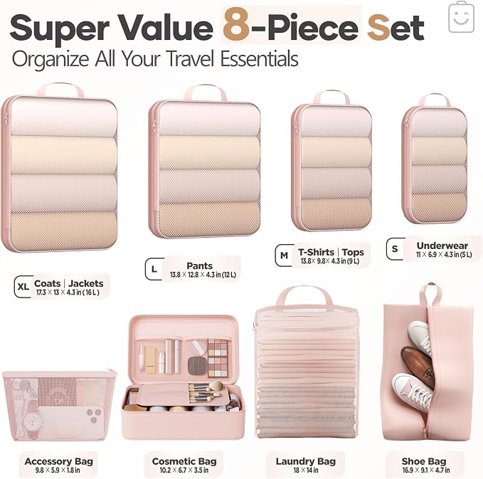 Veken 8 Set Compression Packing Cubes for Travel Essentials,Compressible Expandable Luggage Suitcase Organizer Bags with Garment Bag,Space Saver Bags with Over 1000 pcs of Mesh Holes(Beige) - Image 2