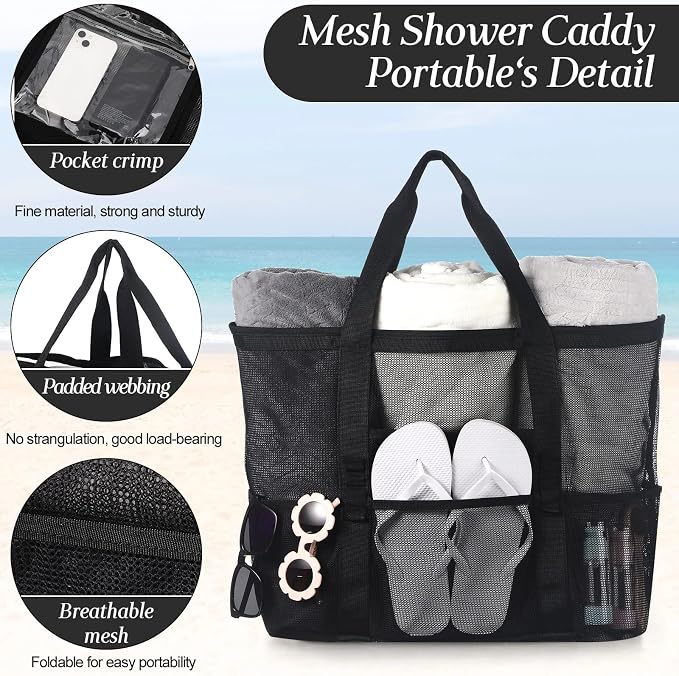 Hillban Large Beach Mesh Bags Bulk for Women Beach Tote Bag with 8 Pocket Zipper Waterproof Sandproof for Pool Cruise Ship - Image 5