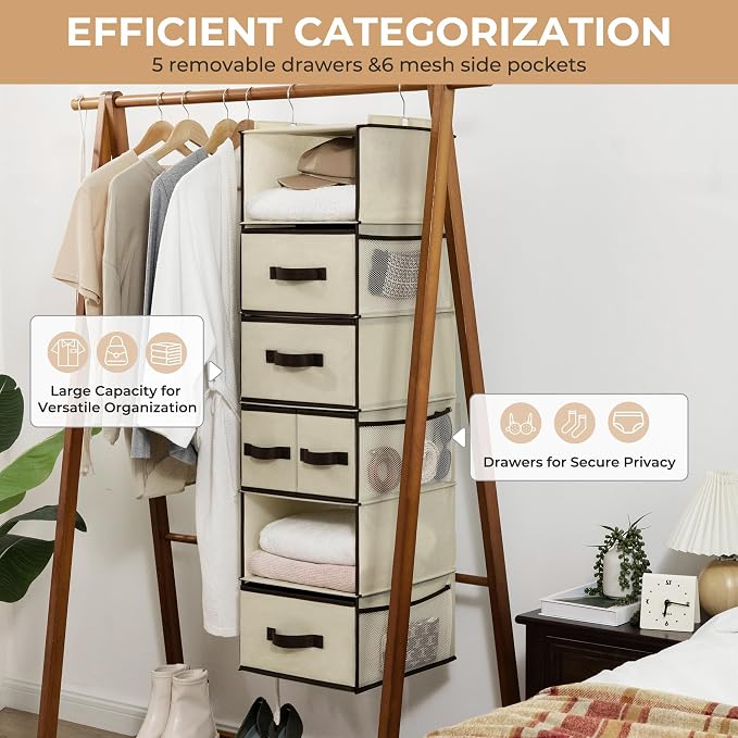 GRANNY SAYS Hanging Closet Organizers and Storage 6 Shelves, Closet Hanging Organizer with 5 Drawers, 6 Side Pockets Hanging Storage Organizer, Portable Clothes Organizer for Closet, Beige - Image 5