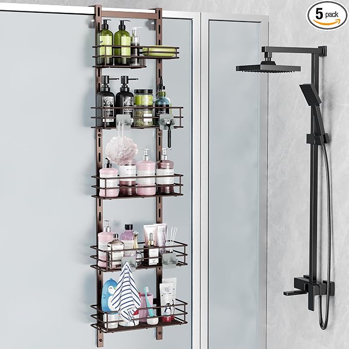 Orimade Over the Door Shower Caddy Adjustable 5 Tier Bronze,Bathroom Hanging Organizer Shelf Rustproof with 4 Hooks,Shower Basket with Soap Holder and Suction Cup by Orimade
