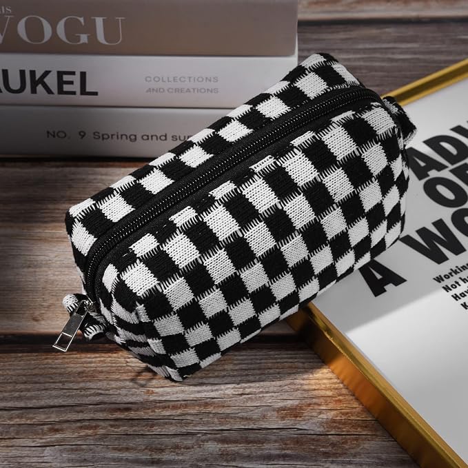 SOIDRAM 2 Pieces Makeup Bag Pouch Checkered Cosmetic Bag Black Brown, Travel Toiletry Bag Organizer Cute Makeup Brushes Storage Bag for Women - Image 5