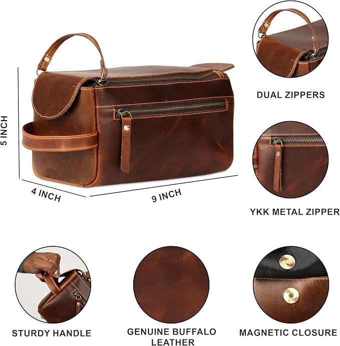 KomalC Premium Buffalo Leather Toiletry Bag for Men & Women With Water resistant Lining, Grooming Travel Pouch, Unisex Wash Bag for Toiletries, Gifts for Men and Women - Image 6