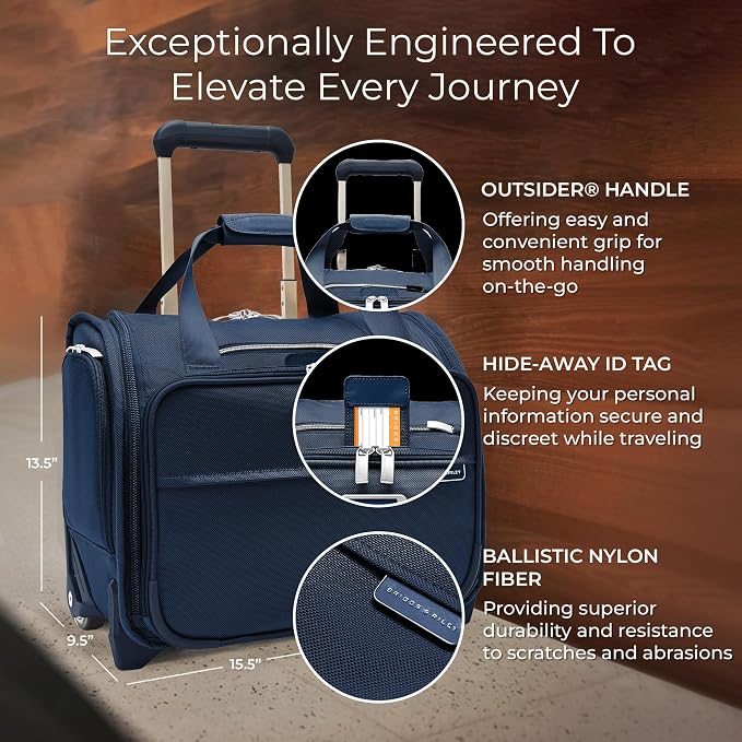 Briggs & Riley 2-Wheel Cabin Bag - Carry On Luggage for Travel, Suitcases with Wheels, Softside Rolling Bag for Men & Women, Interlocking Handle, Self-Repairing Zipper - Baseline Collection, Navy - Image 2