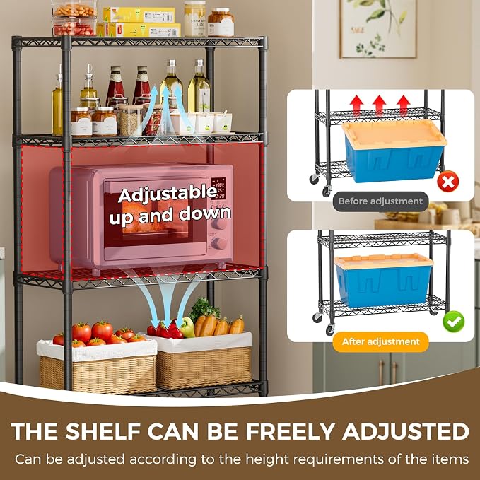 Golpart 4 Tier Shelves Storage Shelf Wire Closet Bathroom Organizers Metal Pantry Kitchen Garage Shelving Unit Laundry Room Organization Home Rack Net Basket Black with Wheels 14”D X 36”W X 58”H - Image 4