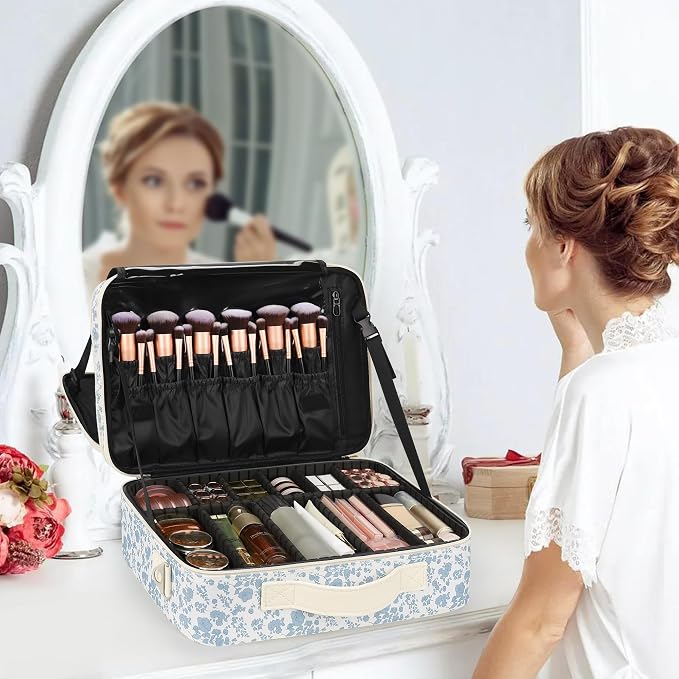 Relavel Makeup Case Large Makeup Bag Professional Train Case Travel Cosmetic Organizer Brush Holder Waterproof Makeup Artist Storage Box, 3 Layer Large Capacity, with Adjustable Strap, Floral Print - Image 7