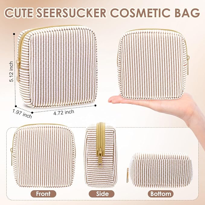 Sanwuta 6 Seersucker Cosmetic Bag Bulk Striped Makeup Bag for Women Aesthetic Cute Travel Toiletry Organizer Preppy Storage Pouch for Wedding Bridesmaid Mother's Day Teacher Gift (Small,Khaki) - Image 2
