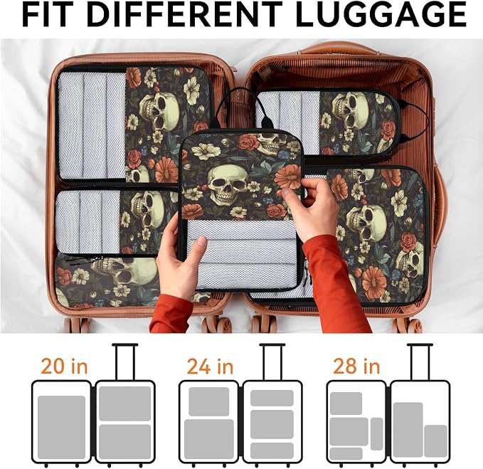 Floral Skull 6 Set Compression Packing Cubes for Travel Luggage Carry On Suitcase Compressible Expandable Packing Cubes Organizers Bag - Image 7