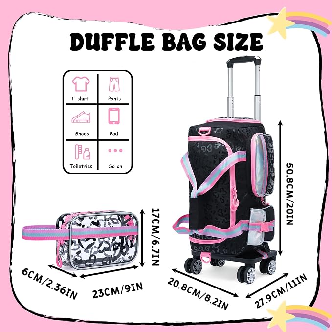 Kids Rolling Duffle Bag with Wheels for Girls Overnight Bag with Makeup Bag Dance Bag for Girls Travel Bag with Travel Toiletry Bag Girls Luggage Bag for Travel - Image 3