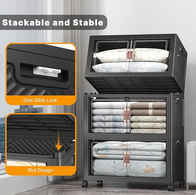 UAMFURI 504QT Lockable Plastic Storage Bins, 3 Pack Collapsible Cabinets | Stackable Organizer with Doors & Wheels, Foldable Containers for Bedroom, Dorm, Office & Garage Storage - Image 3