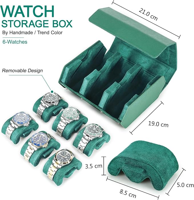 Hiram Genuine Leather Hexagon Watch Roll Travel Case, Leather 6-Watches Roll Case with Removable Pillow Cushion for Treasured Watches and Bracelets -Green - Image 2