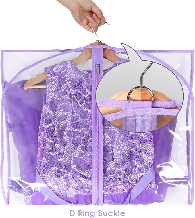 Zilink Clear Garment Bag for Dance Costumes 40” Clear PVC Dance Competition Bags Kids Garment Bag with 3 Clear Zipper Pockets for Competition and storage，Set of 4 (Clear/Purple) - Image 5