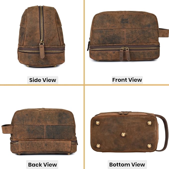 LEATHER VILLAGE Genuine Leather Dopp Kit - Travel Bag with Waterproof Lining, Large Capacity Toiletry Bag, Dual-Zip Design for Men & Women, Shaving & Bathroom Essentials Organizer-Rustic Brown - Image 6