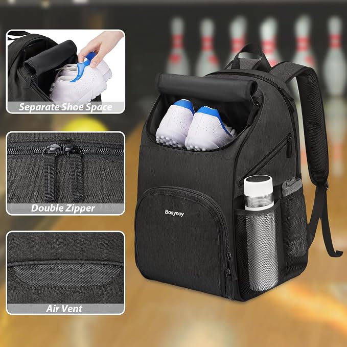 Bosynoy Bowling Backpack, Single Bowling Ball Bag with Shoe Compartment | Bowling Bag Totes with Foam Padded Protection, Fits Shoes Up to US Mens Size 16 and Accessories, Grey - Image 5