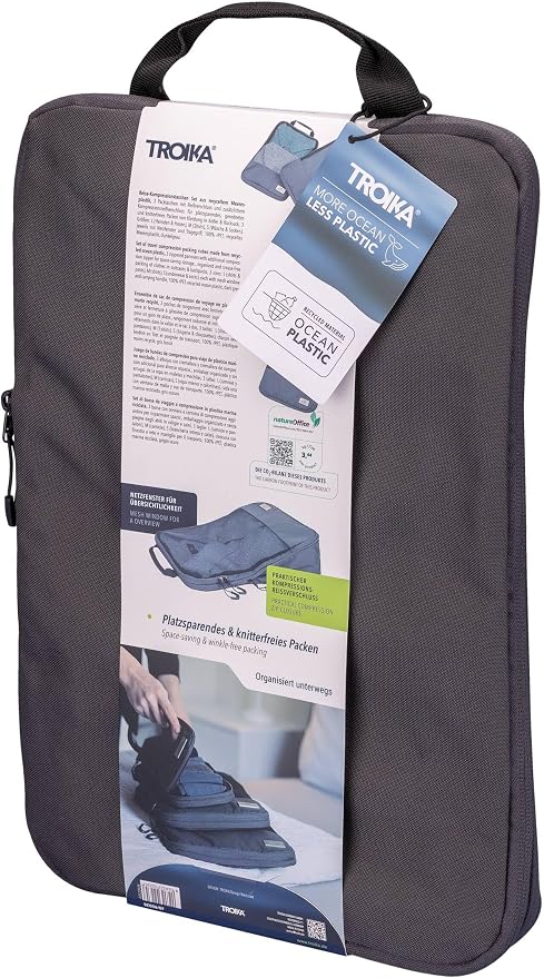 TROIKA Travel Compression Bags Set Blue Cycle Packing Cubes - 3 Zip Bags for Space-Saving Packing Clothes in Suitcase & Backpack - Recycled Sea Plastic - Dark Grey - Image 9