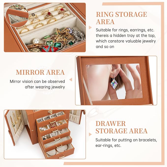 AKOZLIN 6-Tier Jewelry Box Organizer Functional 5 Drawers Leather Jewelry Storage Case for Women Girls Ring Necklace Earring Bracelet Holder Organizer with Mirror Orange Regular - Image 3