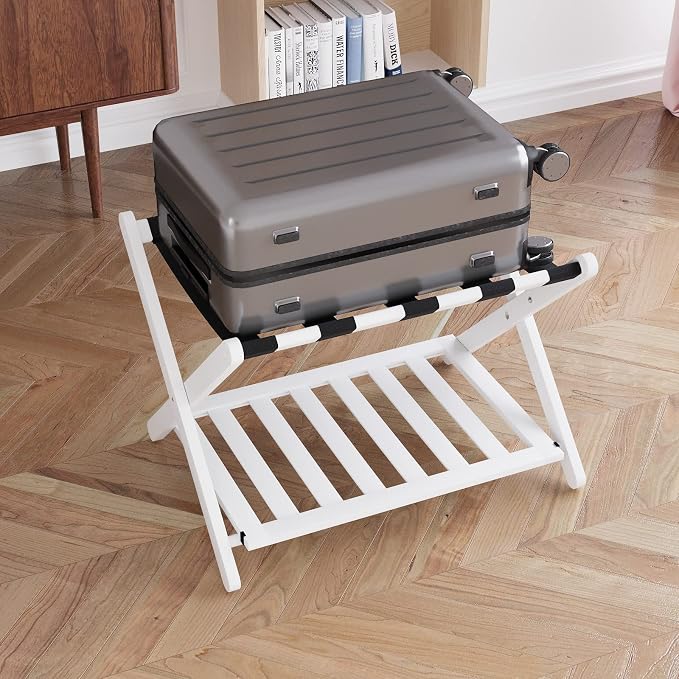 Smuxee Fully Assembled White Luggage Rack, Upgraded Bamboo Foldable Suitcase Stand with 5 Nylon Straps, Luggage Holder with Shelf for Guest Room Bedroom Hotel (White Luggage Rack 1pcs) - Image 9