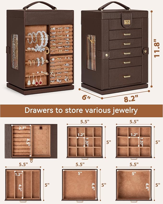 AKOZLIN 6-Tier Jewelry Box Organizer Functional 5 Drawers Leather Jewelry Storage Case for Women Girls Ring Necklace Earring Bracelet Holder Organizer with Mirror Brown 360° Rotating - Image 4