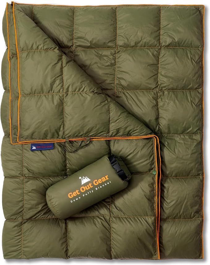 Get Out Gear Down Camping Blanket - Puffy, Packable, Lightweight and Warm | Ideal for Outdoors, Travel, Stadium, Festivals, Beach, Hammock | 650 Fill Power Water-Resistant Backpacking Quilt by Get+Out+Gear