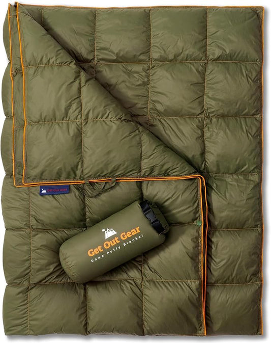 Get Out Gear Down Camping Blanket - Puffy, Packable, Lightweight and Warm | Ideal for Outdoors, Travel, Stadium, Festivals, Beach, Hammock | 650 Fill Power Water-Resistant Backpacking Quilt by Get+Out+Gear
