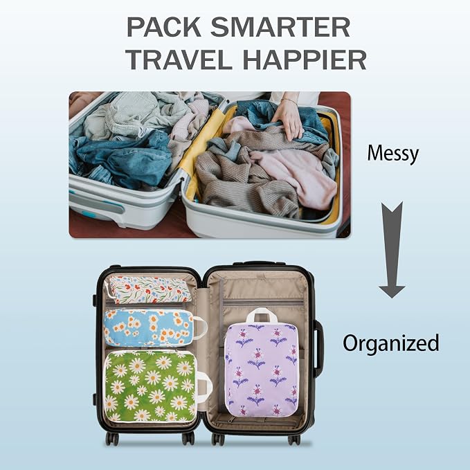 4 Pcs Compression Packing Cubes, Packing Cubes for Travel, Waterproof Luggage Organizer Bags Set, Cute Packaging Cubes for Women Kids Backpack Carry-Ons - Image 5
