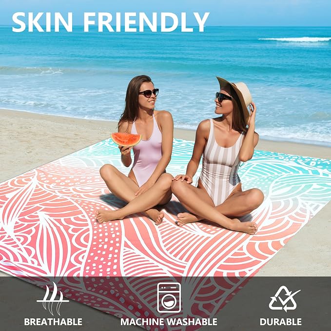 HIHOHO Beach Blanket Waterproof Sandproof Beach Mat for 1-8 Adults Quick Drying Durable Outdoor Picnic Mat for Beach Festival Travel Camping Hiking (Gradiant P&GN-Ripple, 79"×83"(4 Person)) - Image 4