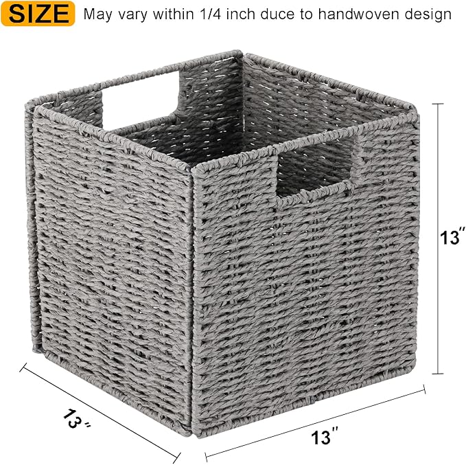 Vagusicc Wicker Storage Basket, Set of 2 Hand-Woven Storage Baskets for Shelves with Handles, Foldable Cube Storage Baskets Bins Organizer 13 inch Large Wicker Baskets for Pantry Bedroom Decor, Grey - Image 2