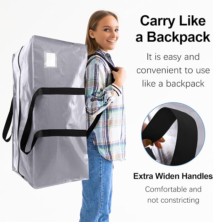 VELVETSURE Heavy Duty Extra Large Moving Bags W/Backpack Straps - Strong Handles & Zippers, Storage Totes For Space Saving, Fold Flat, Alternative to Moving Box and Storage Bin (Set of 6, Silver) - Image 4