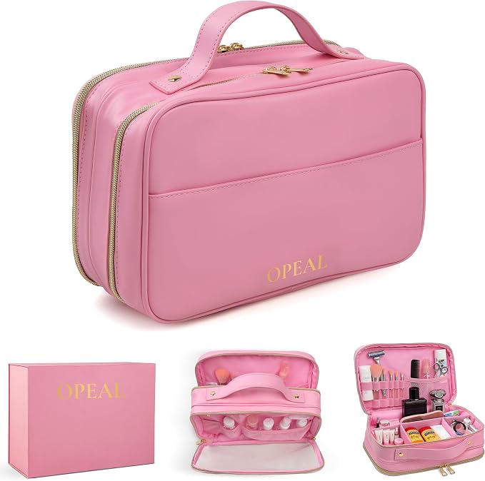 2-in-1 Travel Makeup and TSA Toiletry Organizer for Women – Flexible Compartments, Clear TSA Window, Wipe Clean Vegan Leather, Gift Box Included – Carry-On Approved, Cream by Unknown