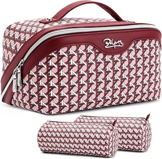 BOYATU Travel Makeup Bag Cosmetic Bags for Women: Large Capacity 3 Pcs Set Make up Bag with Compartments - Waterproof Vegan Leather Toiletry Organizer Bags with Handle (M-78Red) by BOYATU