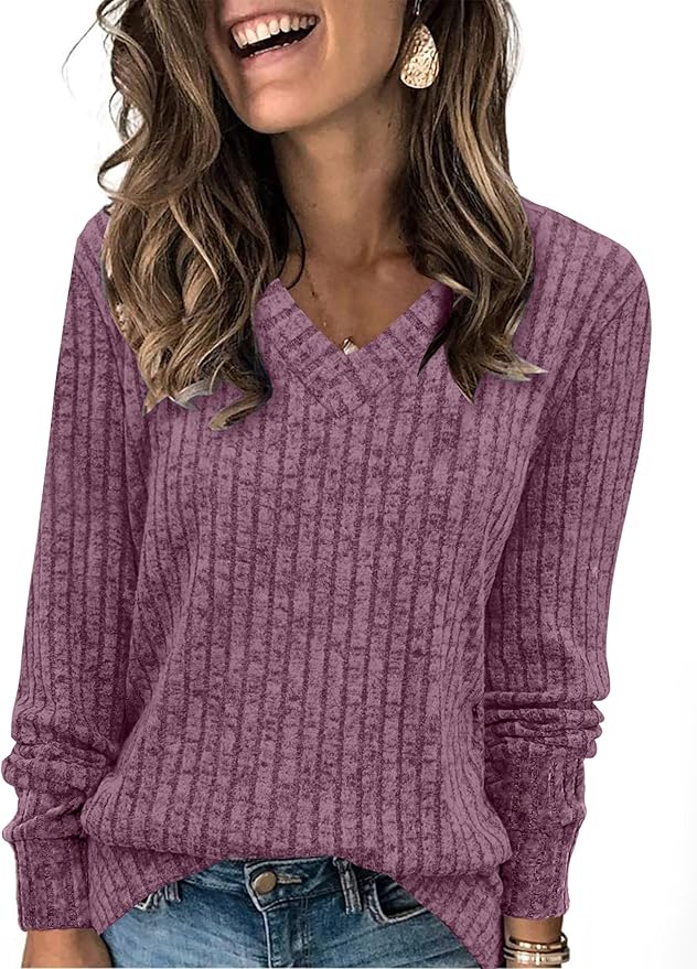 Sampeel V Neck Long Sleeve Shirts for Women Casual Fall Tops Lightweight Tunic Sweaters Fashion Clothes Loose Fit 2025