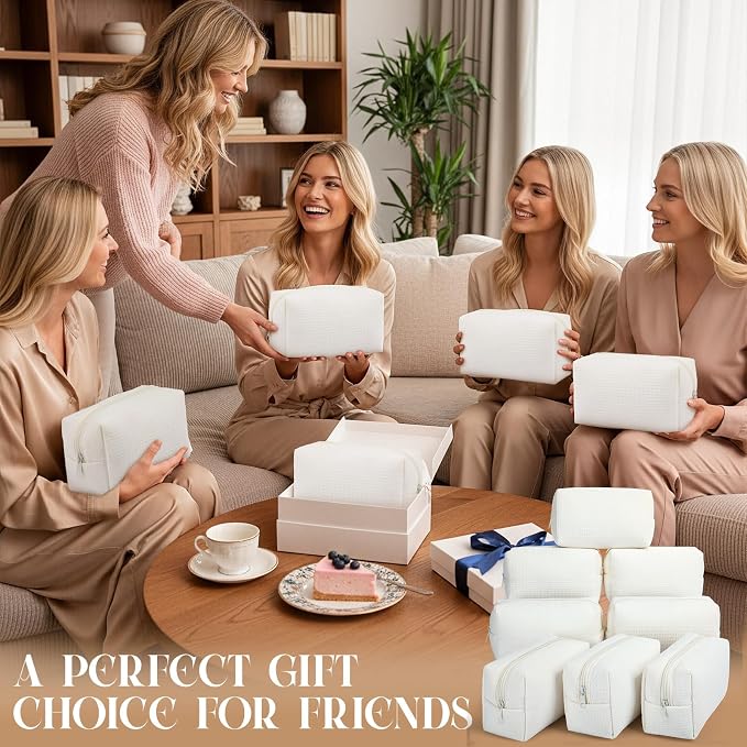 Gilprop 8 Pcs Holiday Gifts for Women Cozy Makeup Bag Portable Travel Waffle Toiletry Bag Soft Wedding Makeup Organizer Large Pouch with Zipper for Bridesmaid Friend (White) - Image 7