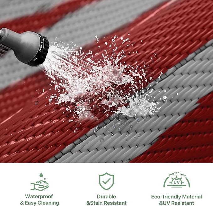 GENIMO Outdoor Rug, Waterproof Plastic Rugs for Patio, 6'x9' Red Grey | Outside Larger Modern Carpet Mat for Porch Decor, Deck, Balcony, Camping, RV, Backyard, Picnic, Beach, Reversible - Image 5
