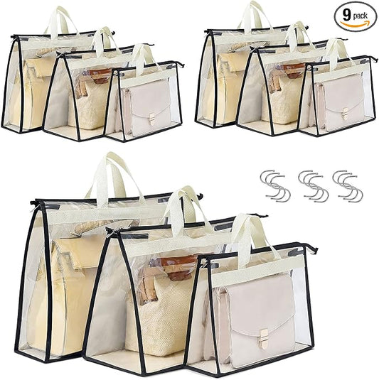 9 Pack Dust Bags for Handbags, Clear Handbag Storage, Purse Storage Organizer for Closet, Purse Cover Hanging Closet Organizer with Zipper by Interesse