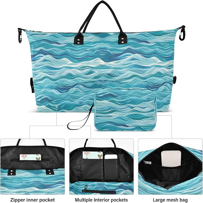 Weekender Bags Travel Duffel Gym Bag Carry on Overnight Tote Bag with Toiletry Bag for Airplane Travel Trip Gym Yoga (Sea Waves) - Image 2