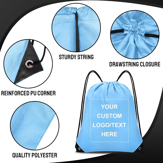 Grneric Custom Drawstring Bags Bulk 10/20/50/100/200 Pack, Promotional Items With Your Logo Personalized String Backpack for Gym, Sport, Travel, Sky Blue - Image 2