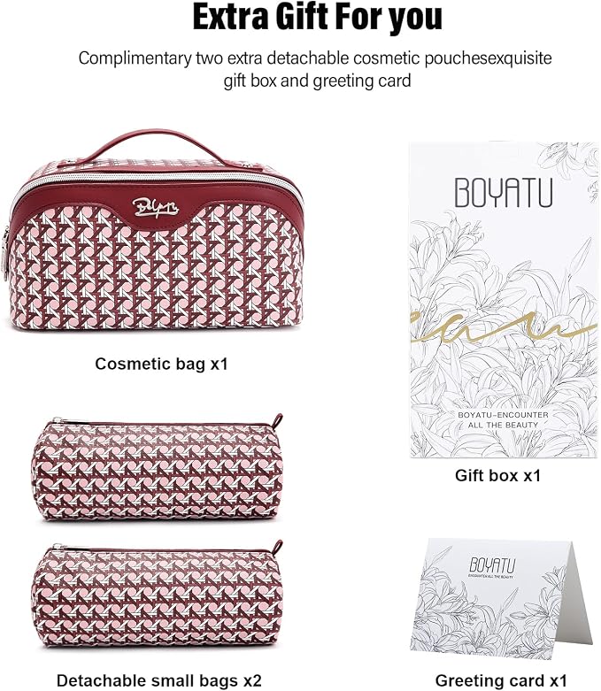 BOYATU Travel Makeup Bag Cosmetic Bags for Women: Large Capacity 3 Pcs Set Make up Bag with Compartments - Waterproof Vegan Leather Toiletry Organizer Bags with Handle (M-78Red) - Image 6