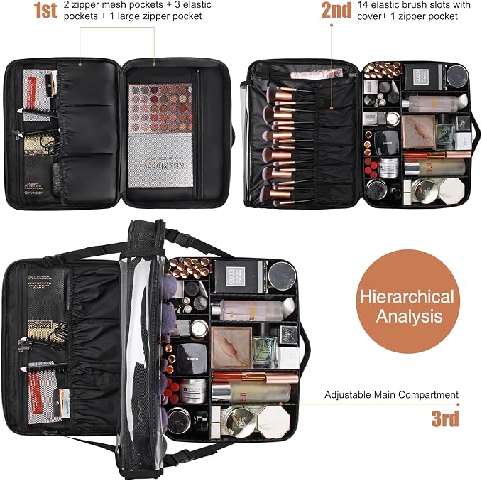 Relavel Large Makeup Organizer Profession Makeup Bag Extra Large Makeup Case with Adjustable Dividers, Adjustable Angle Fixed Belt and Shoulder Strap Plastic Dividers - Image 4