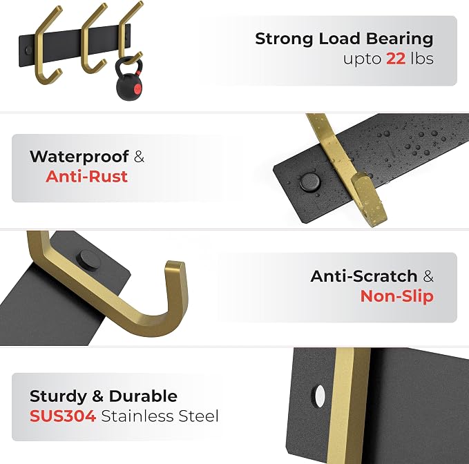 Small Coat Rack Wall Mount – Black and Gold Hook Rail with 3 Double Coat Hooks, 9 Inch Stainless Steel Wall Hooks for Entryway, Bathroom, Bedroom, Closet, Towel, Hat, Bag, Heavy Duty Organizer - Image 3